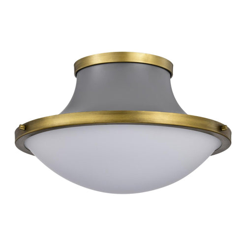 Satco 60-7916, Lafayette, 3-Light 18" Flush Mount Ceiling Light Fixture, 120V, 60W, Medium Base, Gray Finish with Natural Brass Accents and White Opal Glass