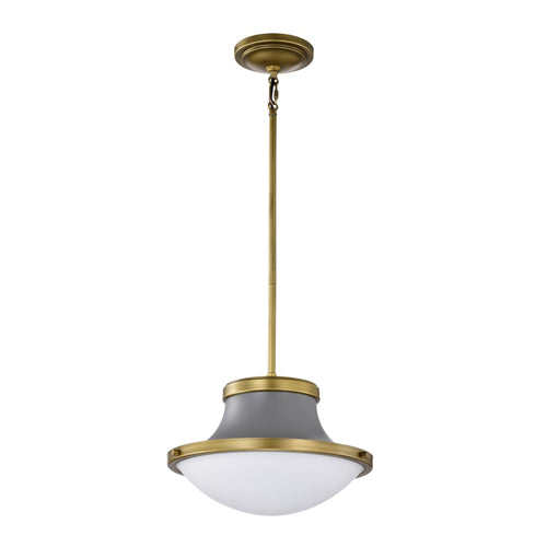 Satco 60-7917, Lafayette, 1-Light 14" Pendant Ceiling Light Fixture, 120V, 60W, Medium Base, Gray Finish with Natural Brass Accents and White Opal Glass