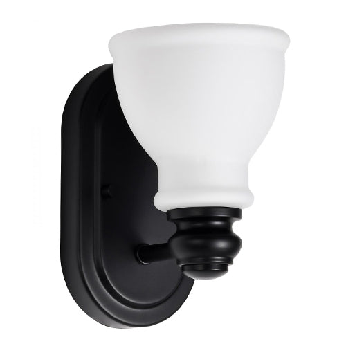 Satco 60-8021, Russel, 1-Light Vanity Fixture, 120V, 60W, Medium Base, Matte Black with Satin White Glass