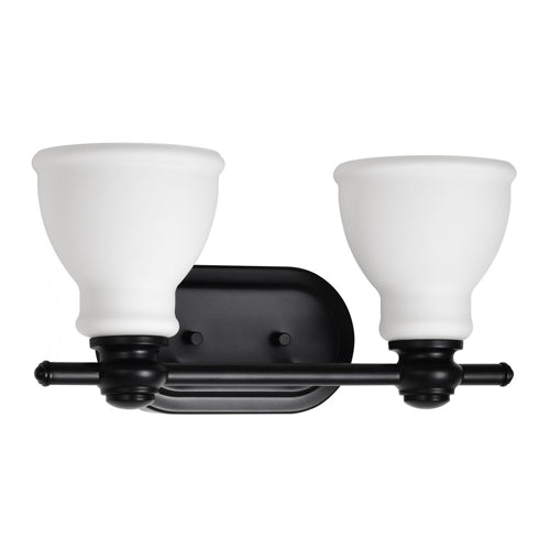 Satco 60-8022, Russel, 2-Light Vanity Fixture, 120V, 60W, Medium Base, Matte Black with Satin White Glass