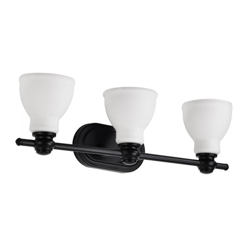 Satco 60-8023, Russel, 3-Light Vanity Fixture, 120V, 60W, Medium Base, Matte Black with Satin White Glass