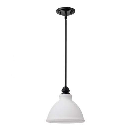 Satco 60-8024, Russel, 1-Light 10'' Mini Pendant Fixture, 120V, 60W, Medium Base, Matte Black with Satin White Glass