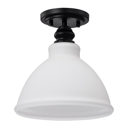 Satco 60-8025, Russel, 1-Light 10" Semi Flush Mount Ceiling Light Fixture, 120V, 60W, Medium Base, Matte Black with Satin White Glass