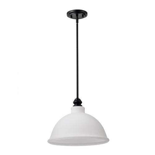 Satco 60-8026, Russel, 1-Light 14'' Pendant Fixture, 120V, 60W, Medium Base, Matte Black with Satin White Glass