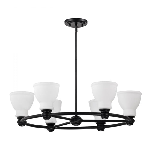 Satco 60-8027, Russel, 6-Light Chandelier, 120V, 60W, Medium Base, Matte Black with Satin White Glass