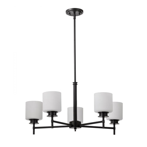 Satco 60-8038, Warren, 28'' 5 Light Chandelier, 120V, 60W, Medium Base, Gun Metal with Satin White Glass