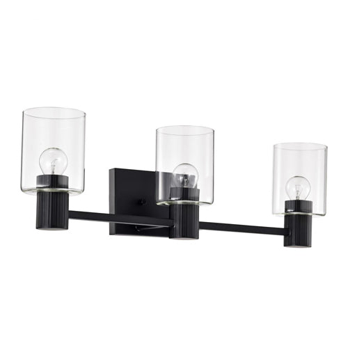 Satco 60-8063, Clarksville, 3-Light Vanity Fixture, 120V, 60W, Medium Base, Matte Black with Clear Glass