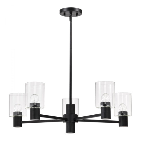 Satco 60-8066, Clarksville, 28'' 5 Light Chandelier, 120V, 60W, Medium Base, Matte Black with Clear Glass