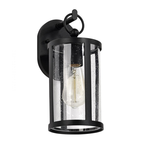 Satco 60-8111, Broadstone, 1-Light Small Outdoor Wall Lantern, 120V, 100W, Medium Base, Matte Black with Clear Seeded Glass