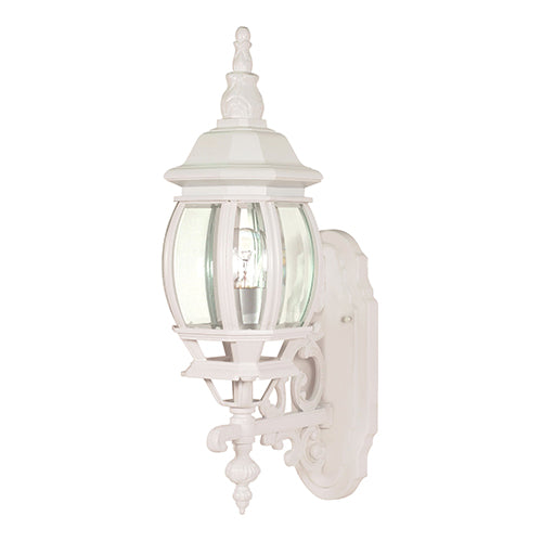 Satco 60-885, Central Park, 1 Light, 20" Small Outdoor Wall Lantern Lighting Fixture, 100W, 120V, Medium Base, Clear Beveled Glass, Replaceable Light Source, White Finish