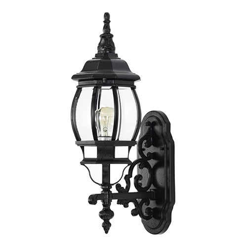 Satco 60-887, Central Park, 1 Light, 20" Small Outdoor Wall Lantern Lighting Fixture, 100W, 120V, Medium Base, Clear Beveled Glass, Replaceable Light Source, Textured Black Finish