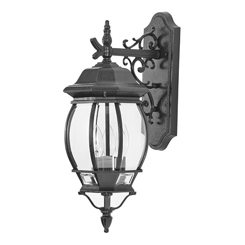 Satco 60-893, Central Park, 3 Light, 22" Large Outdoor Wall Lantern Lighting Fixture, 60W, 120V, Candelabra Base, Clear Beveled Glass, Replaceable Light Source, Textured Black Finish