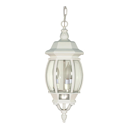 Satco 60-894, Central Park, 3 Light, 20" Outdoor Hanging Lantern Lighting Fixture, 60W, 120V, Candelabra Base, Clear Beveled Glass, Replaceable Light Source, White Finish