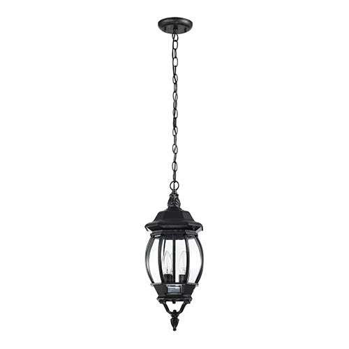 Satco 60-896, Central Park, 3 Light, 20" Outdoor Hanging Lantern Lighting Fixture, 60W, 120V, Candelabra Base, Clear Beveled Glass, Replaceable Light Source, Textured Black Finish