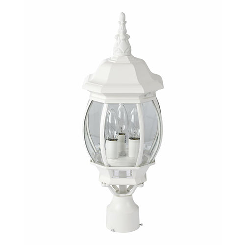 Satco 60-897, Central Park, 3 Light, 21" Outdoor Post Lantern Lighting Fixture, 60W, 120V, Candelabra Base, Clear Beveled Glass, Replaceable Light Source, White Finish