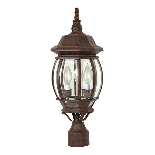 Satco 60-898, Central Park, 3 Light, 21" Outdoor Post Lantern Lighting Fixture, 60W, 120V, Candelabra Base, Clear Beveled Glass, Replaceable Light Source, Old Bronze Finish