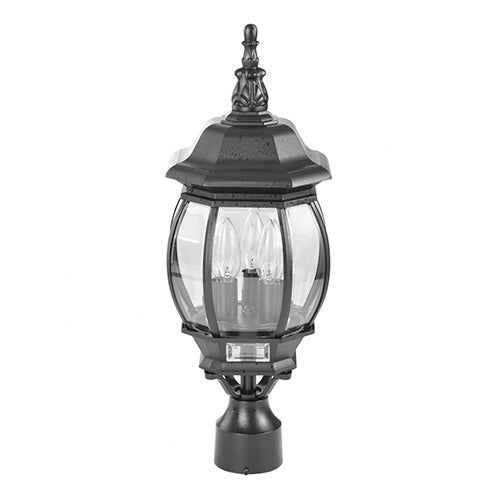 Satco 60-899, Central Park, 3 Light, 21" Outdoor Post Lantern Lighting Fixture, 60W, 120V, Candelabra Base, Clear Beveled Glass, Replaceable Light Source, Textured Black Finish