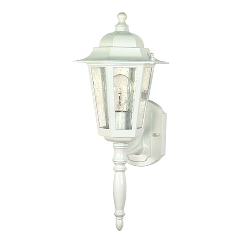 Satco 60-985, Cornerstone, 1 Light, 18" Outdoor Wall Lantern Lighting Fixture, 60W, 120V, Medium Base, Clear Seed Glass, Replaceable Light Source, White Finish