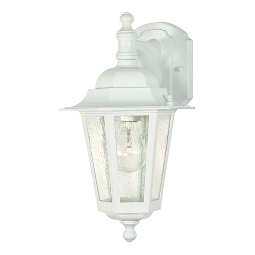 Satco 60-988, Cornerstone, 1 Light, 13" Outdoor Wall Lantern Lighting Fixture, 60W, 120V, Medium Base, Clear Seed Glass, Replaceable Light Source, White Finish
