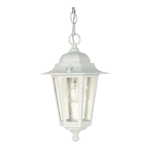 Satco 60-991, Cornerstone, 1 Light, 13" Outdoor Hanging Lantern Lighting Fixture, 60W, 120V, Medium Base, Clear Seed Glass, Replaceable Light Source, White Finish