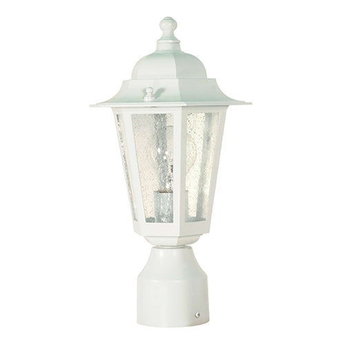 Satco 60-994, Cornerstone, 1 Light, 14" Outdoor Post Lantern Lighting Fixture, 60W, 120V, Medium Base, Clear Seed Glass, Replaceable Light Source, White Finish
