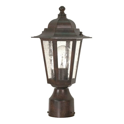 Satco 60-995, Cornerstone, 1 Light, 14" Outdoor Post Lantern Lighting Fixture, 60W, 120V, Medium Base, Clear Seed Glass, Replaceable Light Source, Old Bronze Finish