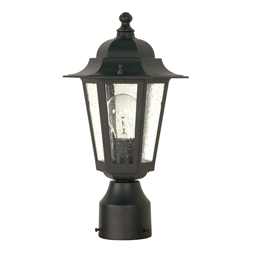 Satco 60-996, Cornerstone, 1 Light, 14" Outdoor Post Lantern Lighting Fixture, 60W, 120V, Medium Base, Clear Seed Glass, Replaceable Light Source, Textured Black Finish