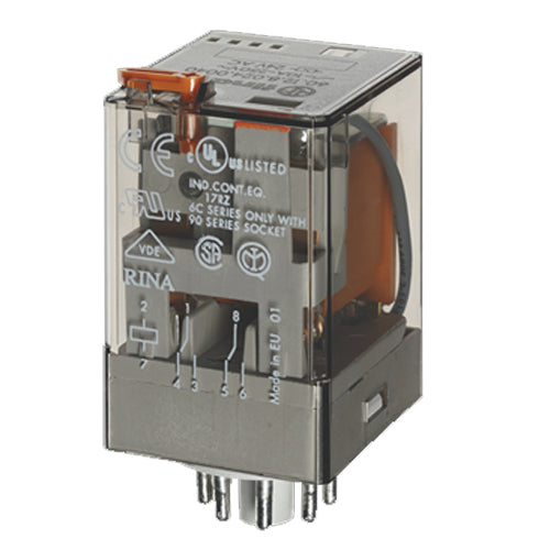 Finder 60.12.8.024.0040, Industrial 8 Pin Plug-in Relay, DPDT, 10A, 24V AC Coil, AgNi Contact, Lockable Test Button, Mechanical Indicator