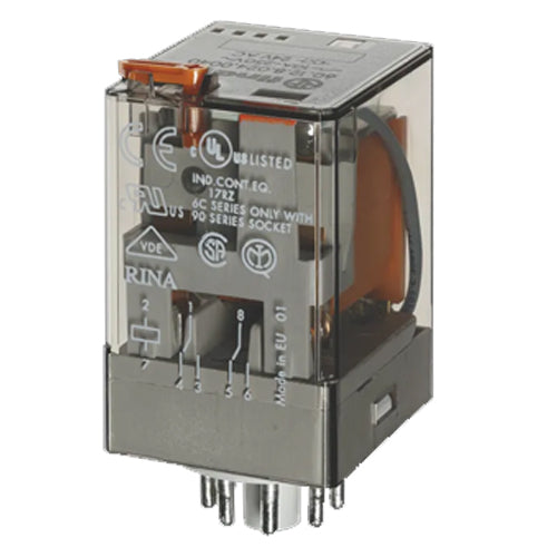 Finder 60.12.8.120.0040, Industrial 8 Pin Plug-in Relay, DPDT, 10A, 120V AC Coil, AgNi Contact, Lockable Test Button, Mechanical Indicator