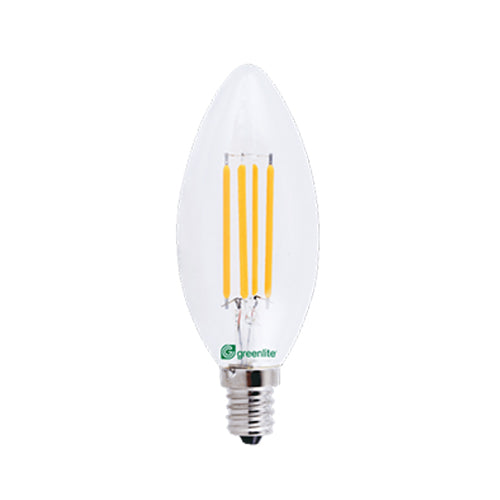 Greenlite 60176, LED Filament Style Bulb, 5W Candelabra Dimmable 60W Equivalent, 2700K Soft White, 500 Lumens, E12 Base, B10 Bulb Shape, 12 Packs