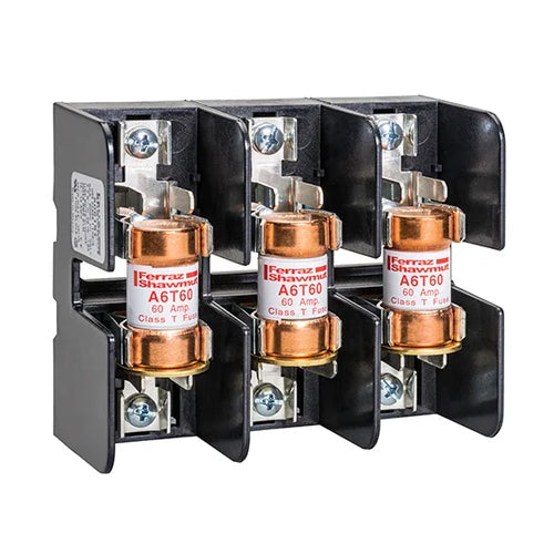 Mersen 60618T, Class T Fuse Block, 600VAC/DC,3-Pole, 60A, Screw with Reinforced Clip