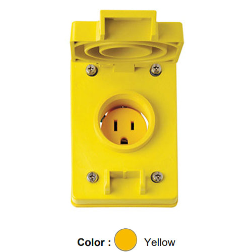 Leviton 60W47, Wetguard Watertight Flip Lid with Straight Blade Single Receptacle, Industrial Grade, 15A 125V, NEMA 5-15R, 2-Pole, 3-Wire, Grounding, Side Wired, Yellow