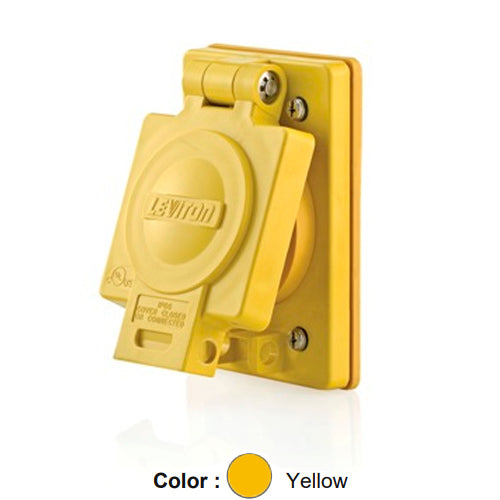 Leviton 60W49, Wetguard Watertight Flip Lid with Straight Blade Single Receptacle, Industrial Grade, 15A 250V, NEMA 6-15R, 2-Pole, 3-Wire, Grounding, Side Wired, Yellow