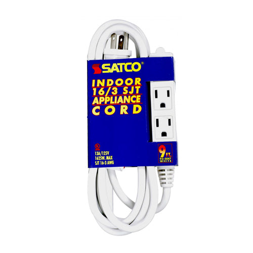 Satco 93-5047, 9 Foot Extension Cord, 13A, 125V, 1625W Rating, White Finish, 16/3 SJT, Indoor Only