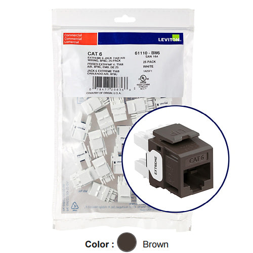 Leviton 61110-BB6, EXTREME Cat 6 UTP Quickport Jack, 25-Pack, Brown