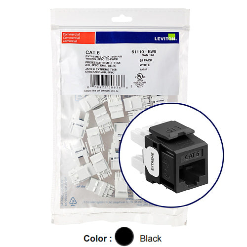 Leviton 61110-BE6, EXTREME Cat 6 UTP Quickport Jack, 25-Pack, Black