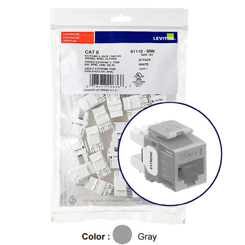 Leviton 61110-BG6, EXTREME Cat 6 UTP Quickport Jack, 25-Pack, Gray