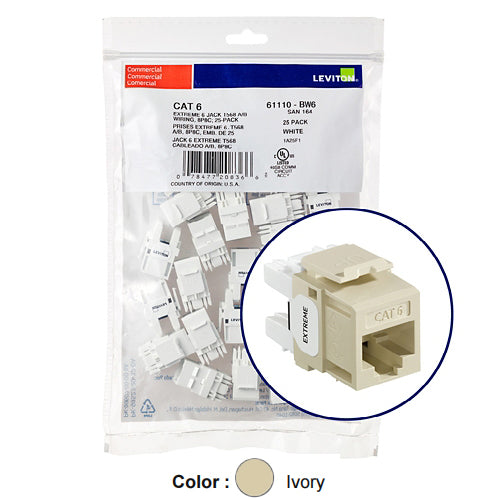 Leviton 61110-BI6, EXTREME Cat 6 UTP Quickport Jack, 25-Pack, Ivory