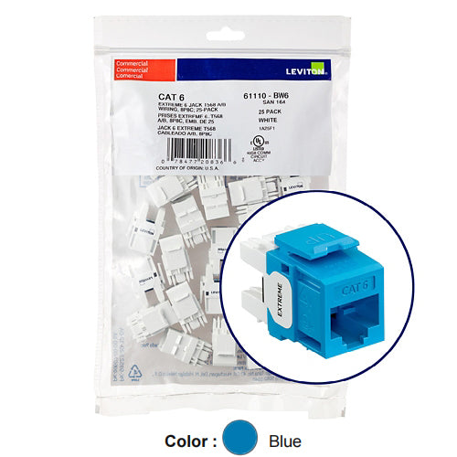 Leviton 61110-BL6, EXTREME Cat 6 UTP Quickport Jack, 25-Pack, Blue