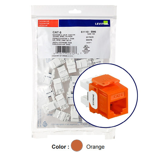 Leviton 61110-BO6, EXTREME Cat 6 UTP Quickport Jack, 25-Pack, Orange