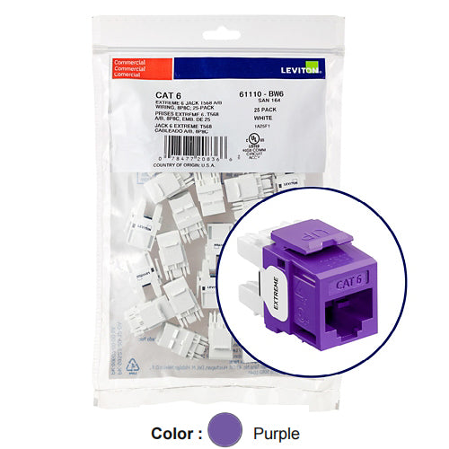 Leviton 61110-BP6, EXTREME Cat 6 UTP Quickport Jack, 25-Pack, Purple