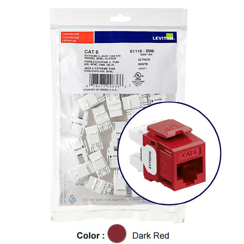 Leviton 61110-BR6, EXTREME Cat 6 UTP Quickport Jack, 25-Pack, Dark Red