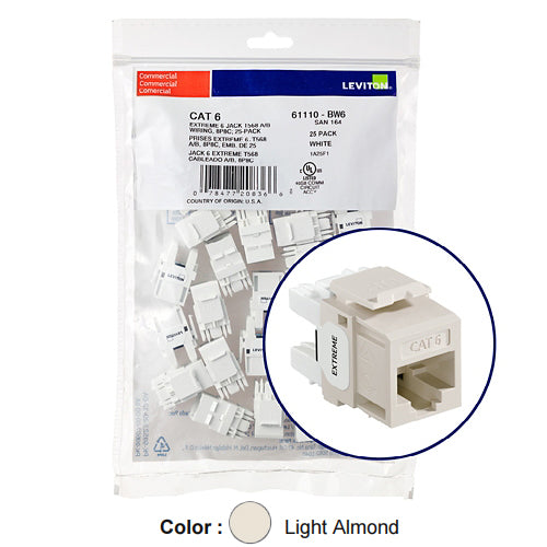 Leviton 61110-BT6, EXTREME Cat 6 UTP Quickport Jack, 25-Pack, Light Almond