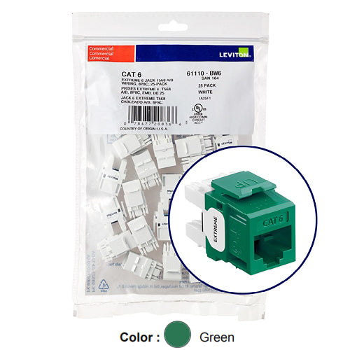 Leviton 61110-BV6, EXTREME Cat 6 UTP Quickport Jack, 25-Pack, Green
