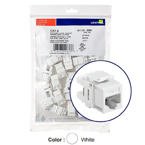 Leviton 61110-BW6, EXTREME Cat 6 UTP Quickport Jack, 25-Pack, White
