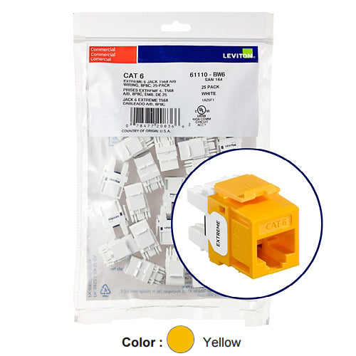 Leviton 61110-BY6, EXTREME Cat 6 UTP Quickport Jack, 25-Pack, Yellow