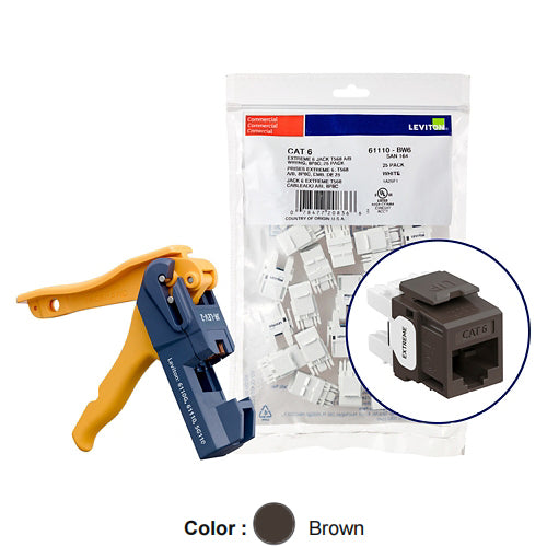 Leviton 61110-JB6, EXTREME Cat 6 UTP Quickport Jack, Kitted with JackRapid Tool, 150-Pack, Brown