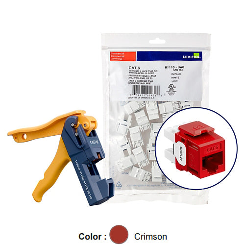Leviton 61110-JC6, EXTREME Cat 6 UTP Quickport Jack, Kitted with JackRapid Tool, 150-Pack, Crimson