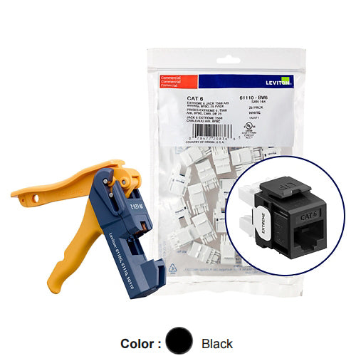 Leviton 61110-JE6, EXTREME Cat 6 UTP Quickport Jack, Kitted with JackRapid Tool, 150-Pack, Black