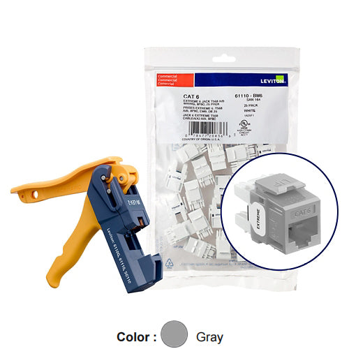Leviton 61110-JG6, EXTREME Cat 6 UTP Quickport Jack, Kitted with JackRapid Tool, 150-Pack, Gray
